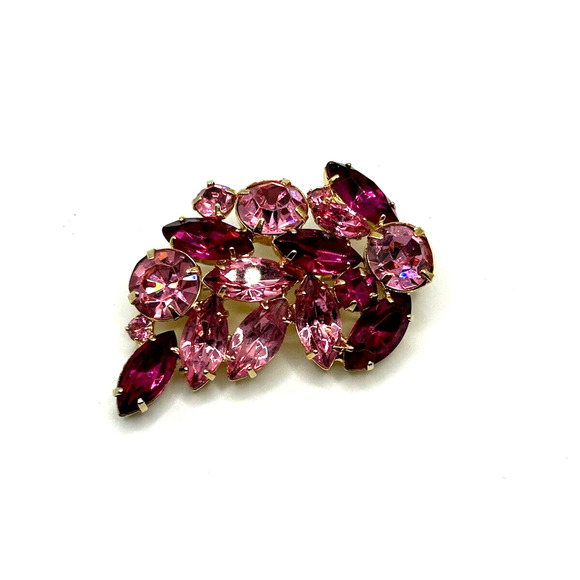 VTG Pink Rhinestone Pin Brooch Cluster Marquis Round Shaped Gold Tone Unsigned - Picture 1 of 7